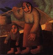 The Woman and child Pick up the water pail